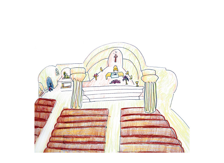 Illustration of church alter and pews
