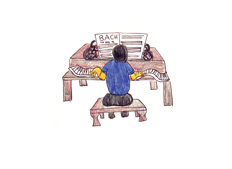 Illustration of father playing piano.