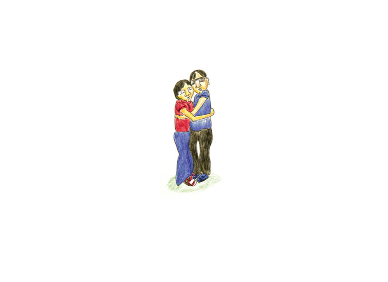 Illustration of father and son embracing.