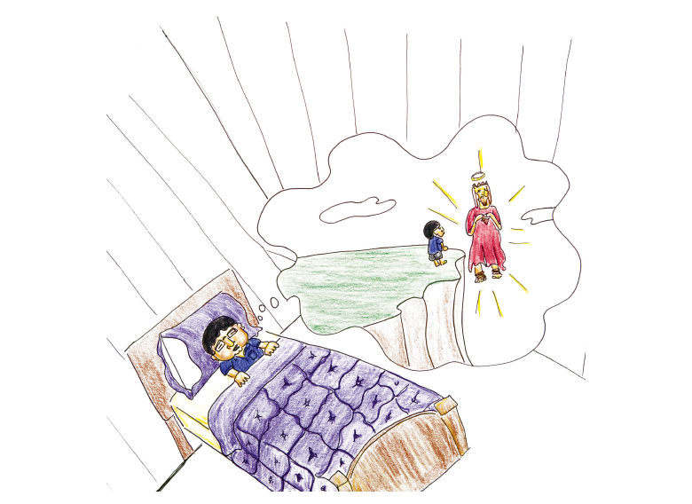 Illustration of boy in bead, dreaming.